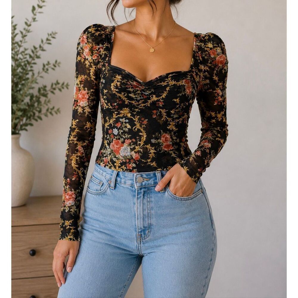 Kimchi Blue Floral Mesh Puff Sleeve Top XXS Black Romantic Cottagecore